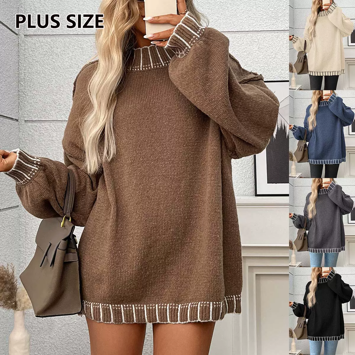 欧美跨境圆领2025年秋冬季新款休闲宽松撞色优雅大码落肩套头毛衣