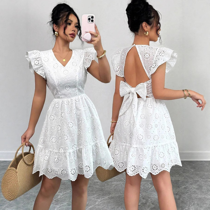 Embroidered Dress 2026 Spring and Summer Seaside Resort Style V Neck Lotus Leaf Flying Sleeves Pleated Waist Women's Dress