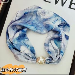 Magnetic Buckle Silk Scarf Summer Necklace Lazy Scarf Pendant Thin Scarf Hair Band Neck Protection Collarbone Pearl Long Silk Scarf
