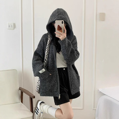 奢缇家双拉链2025冬款新款外贸毛衣慵懒针织开衫连帽上衣女装宽松
