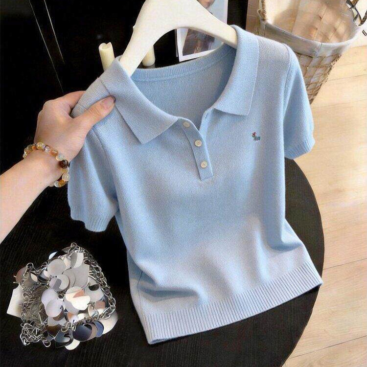 2026 New Summer Style Women's Sweet Korean-Style Polo Collar Short-Sleeved T-Shirt Knitwear, This Year's Popular Top