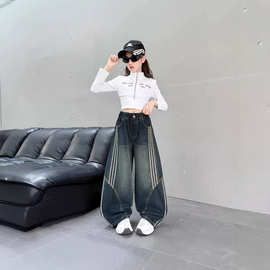 女童春秋款裤子2026新款中大童洋气秋季牛仔裤休闲弯刀裤老爹裤子
