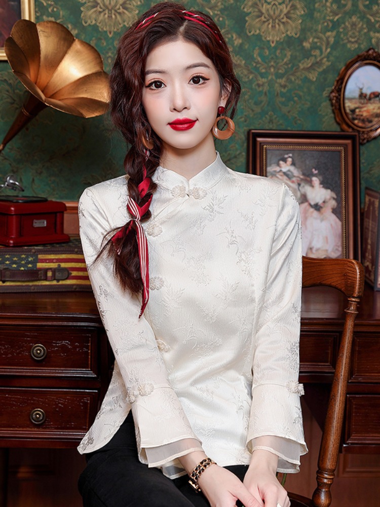 新中式女装春季国风盘扣小衫缎面真丝长袖白色衬衫感气质上衣