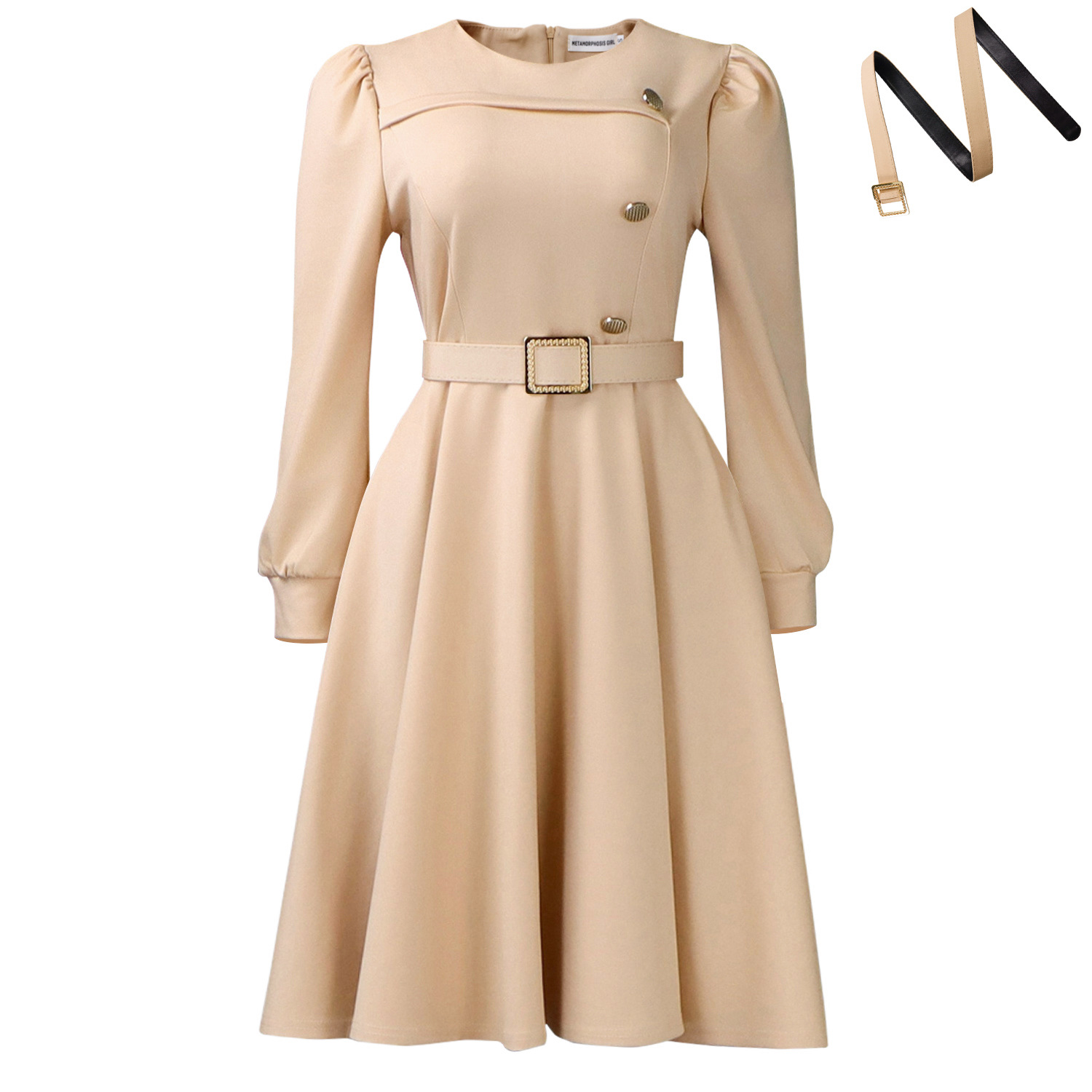 Women's Elegant Long-Sleeve Solid Color High Waist Party A-Line Dress