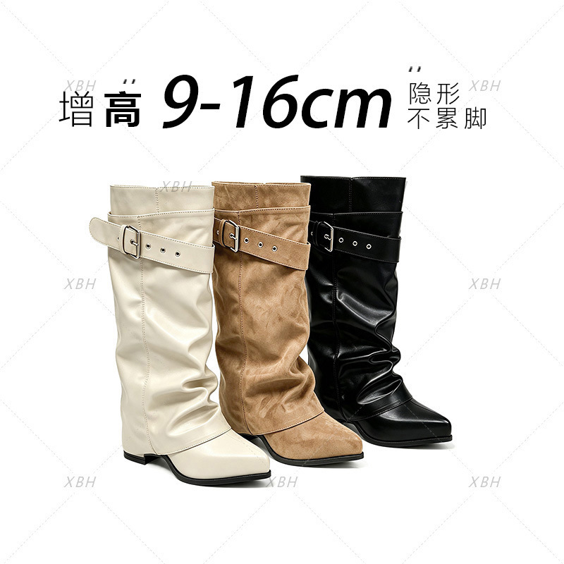 [One shoe, two styles] 16cm to 9cm inner height-increasing boot, women's riding boot, niche retro style, knee-high boots, size 50