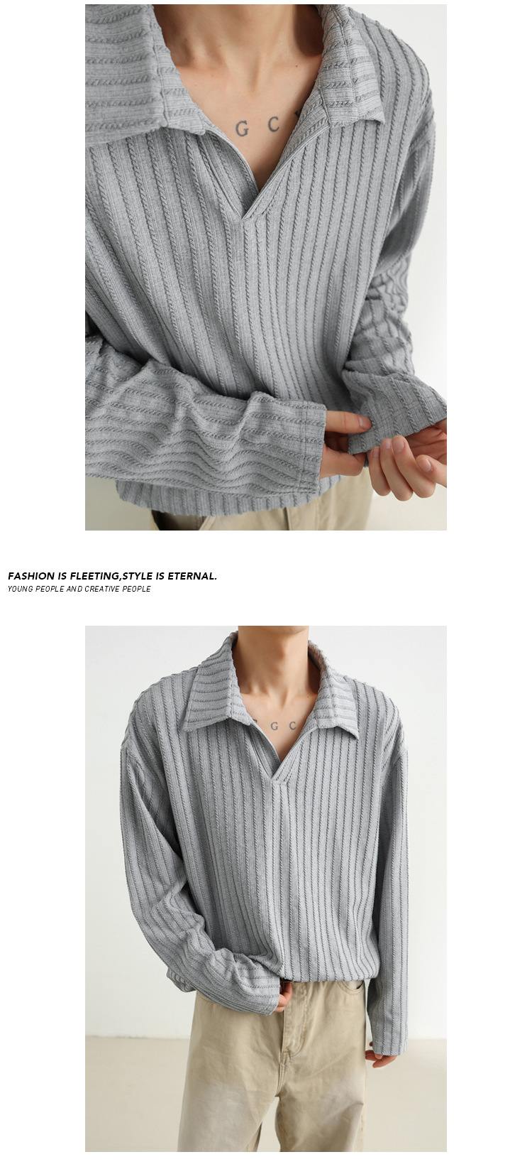Herr polo med lång ärm och vetemönster i höststil_voghion.com