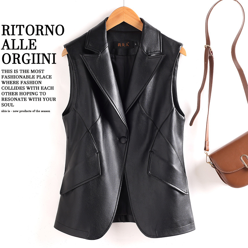 Fashionable Layered Sleeveless Vest with a Stylish Design, Suit Collar, Leather Vest for Women, Versatile for Spring and Autumn, Sheepskin Jacket