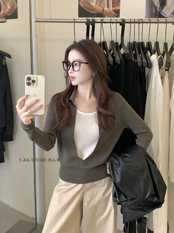 高级感假两件毛衣翻领设计感针织衫女秋新款修身显瘦百搭气质上衣|undefined