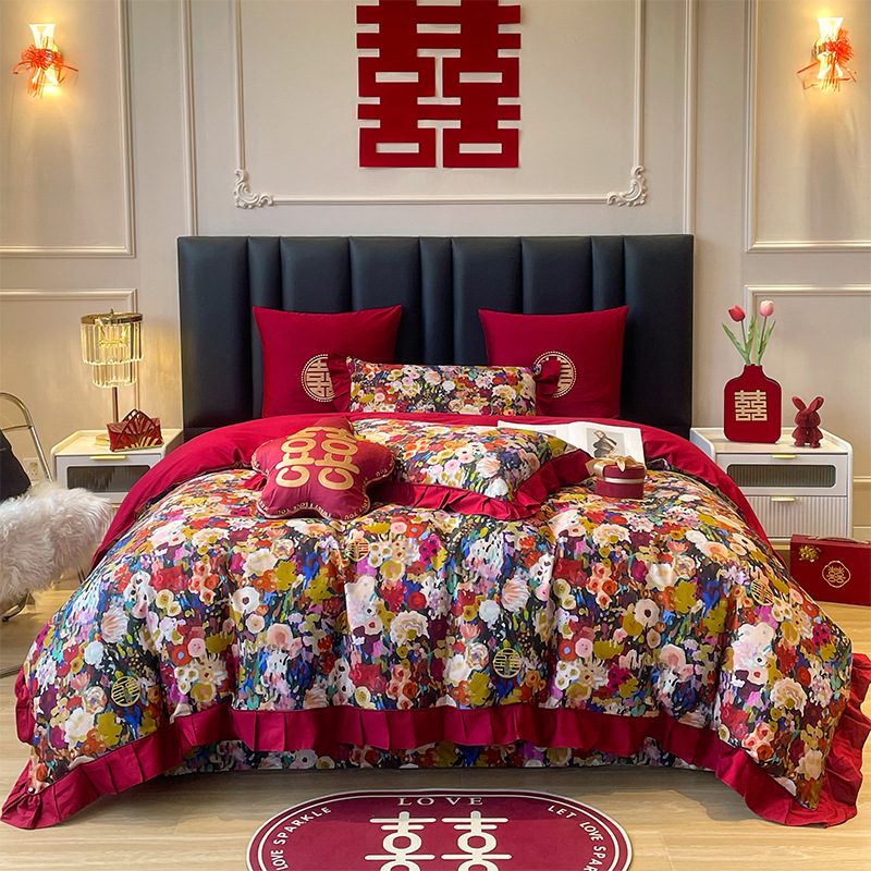 浪漫婚嫁结婚四件套女方陪嫁喜被大红色新婚庆床上用品十|ru