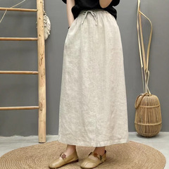 純亜麻半身スカート2025夏の新型ファッション後、フォークデザインの純色のa字スカート女性2558