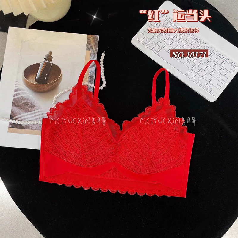美月馨10171法式蕾丝大红加肥加大版无钢圈固定杯裹胸无痕美背|undefined