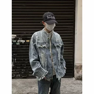 美式重工水洗做旧流苏毛边牛仔夹克男女复古潮牌休闲情侣外套上衣