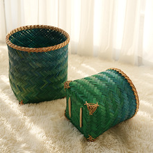手工竹编织茶几桌面客厅卧室书房插画篓收纳垃圾圆形种花收纳筐