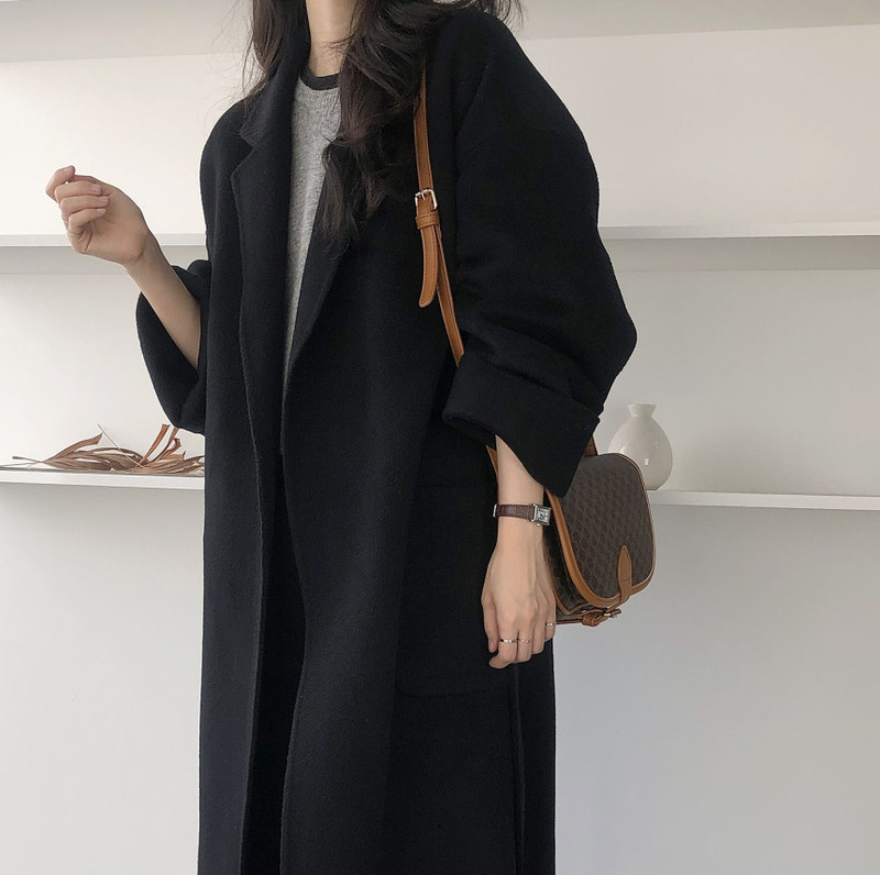 Korean Chic Autumn High-End Elegant Suit Collar Large Flap Pocket Pants Strap Waist Slimming Look Mid-Length Woolen Jacket for Women