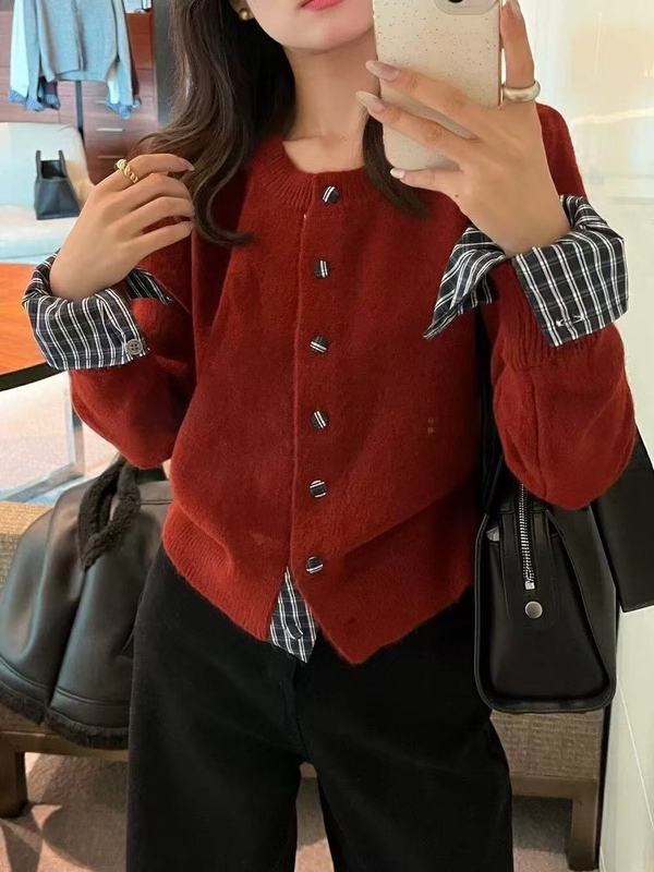 假两件格子拼接针织开衫毛衣女秋冬2025新款松弛感慵懒风短款外套|undefined
