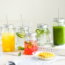 亚马逊透明玻璃杯子730ml把手果汁饮料咖啡带盖不锈钢吸管水杯