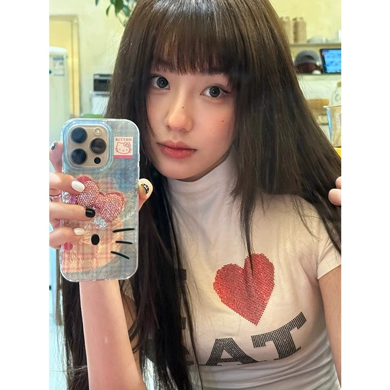 Американская минималистская футболка с короткими рукавами с горячими бриллиантами на плече 2025 года