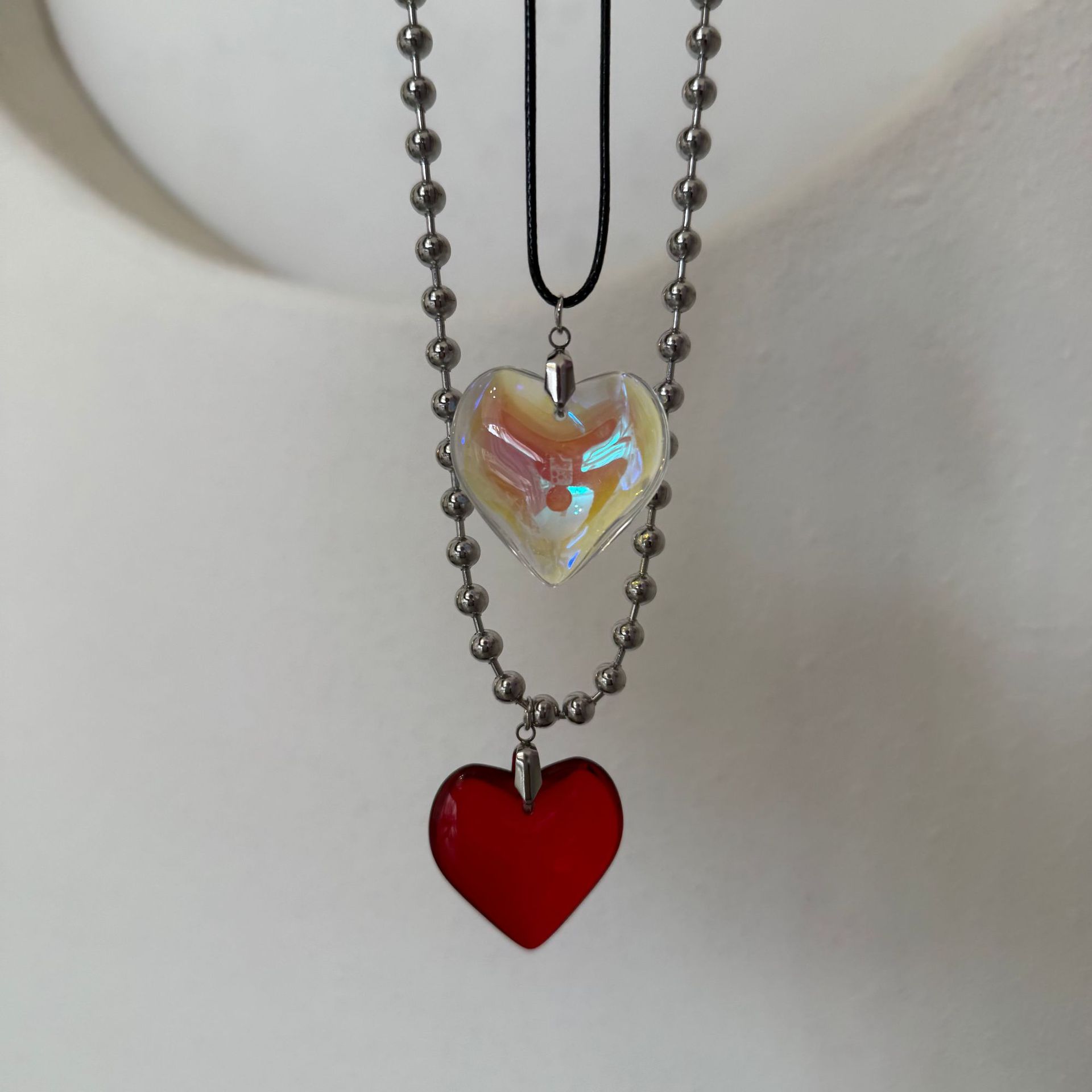 Sweet Cool Style Heart Shape Crystal Leather Rope Titanium Steel Ball Chain Cord String Pendant Necklaces Wholesale display picture 10