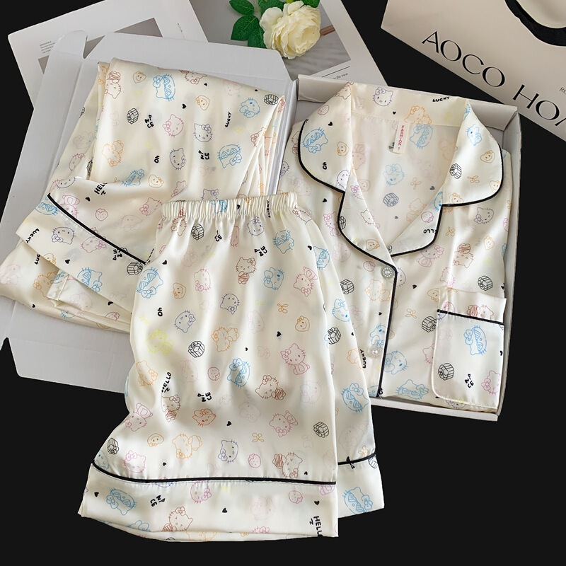 Hellokitty Short-Sleeved Three-Piece Pajamas for Women, Summer Cute Cartoon Silk Sweet Home Wear Set