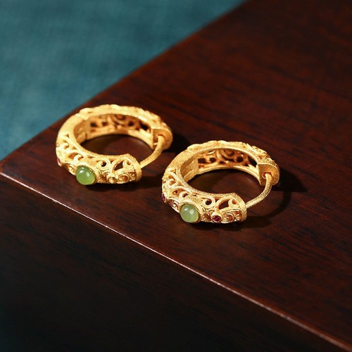  national trend cloud pattern ancient method color-preserving gold-plated Hetian jade inlaid with natural jasper Ruyi hollow ring and earrings set