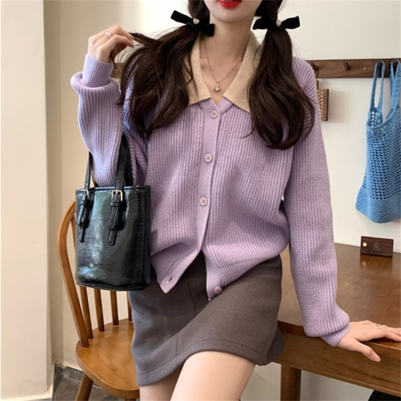 温柔风紫色毛衣开衫2023秋装新款慵懒风拼色娃娃领软糯小个子上衣