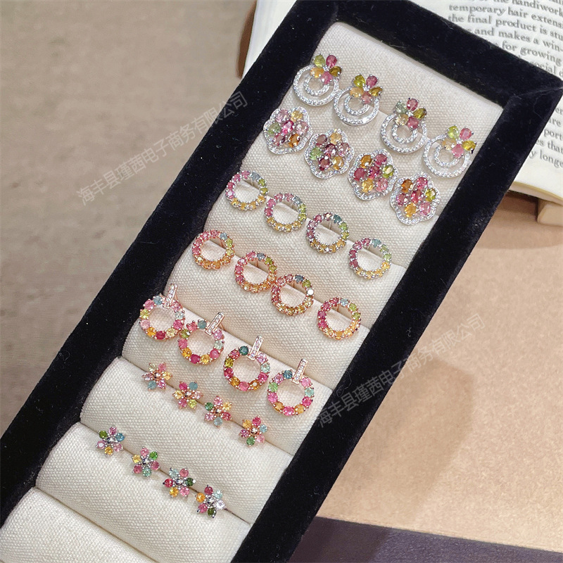 Wholesale S925 silver earrings with tourmaline stones, rose gold-colored earrings, natural crystal earrings, and silver jewelry for women