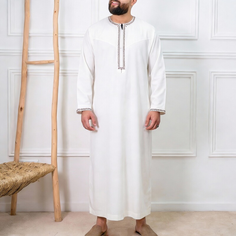 New Foreign Trade Men's Long Robe with Long Sleeves, Zipper, Embroidery, Loose Fit Men's Clothing, Men's Long Shirt, Holiday Dress