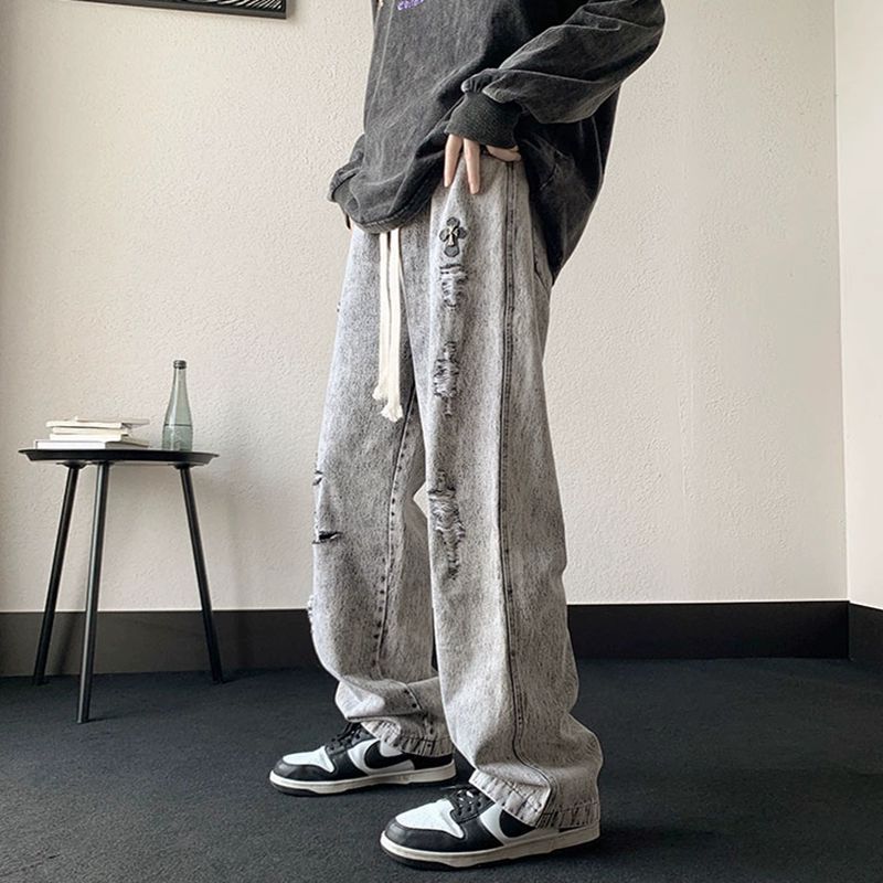 Oldschool pantalones americanos hombres Pu guapo de alto grado deshilachado lavado jeans rasgados marca de moda ins hombres de la calle