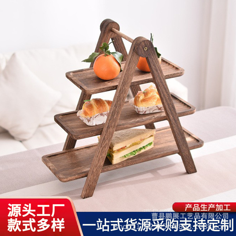 Creative wooden tray three-layer fruit cake plate storage rack solid wood multi-layer tray display rack