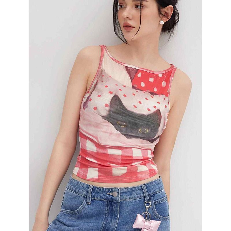 美式复古性感辣妹印花吊带背心女秋季新款修身显瘦内搭甜美上衣潮