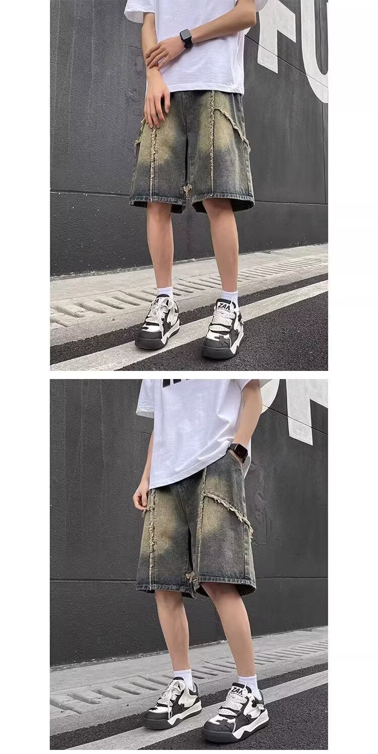 Men's Retro Style Distressed Denim Shorts Frayed Wash Loose Fit Five Point Summer American Style Pants_mkmklike.com