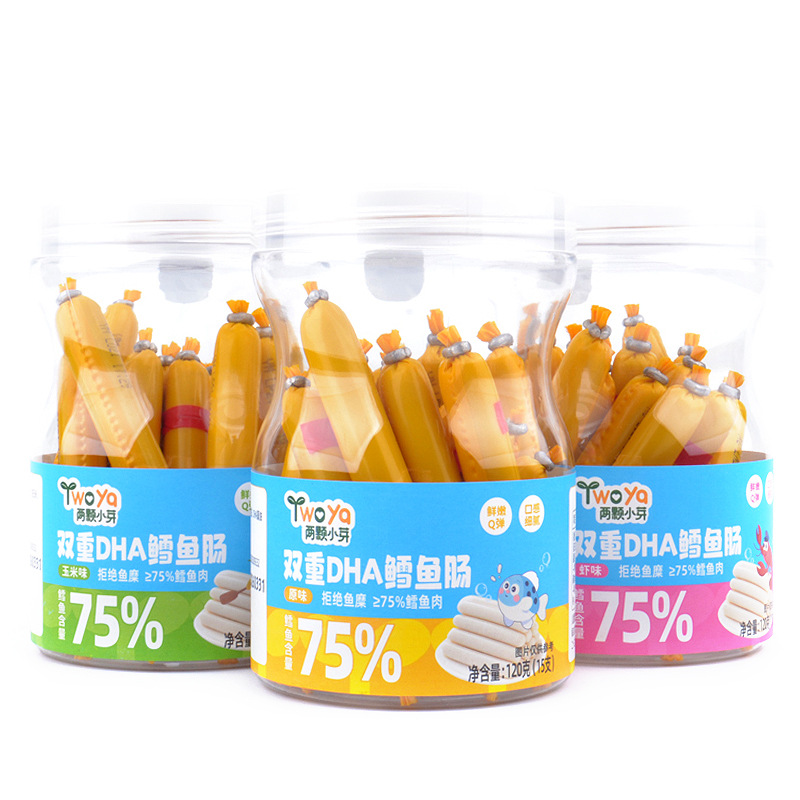 两颗小芽双重DHA鳕鱼肠70%鳕鱼含量桶装鱼肉肠虾味原味玉米火腿肠