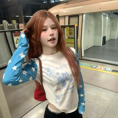 早秋撞色圆领长袖T恤女2025春秋新款内搭打底衫修身短款烫钻上衣