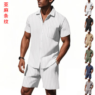 Cross-Border Amazon European and American Men's Summer Linen Jacquard Loose Striped Short-Sleeved Shirt Beach Shorts Suit for Men