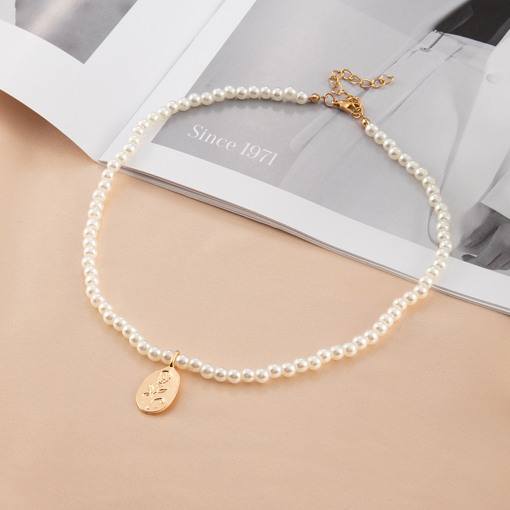 fashion pearl alloy rose flower pendant necklace
