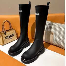 字母厚底内增高小个子长筒靴女加宽大筒围女靴胖mm粗腿骑士靴长靴