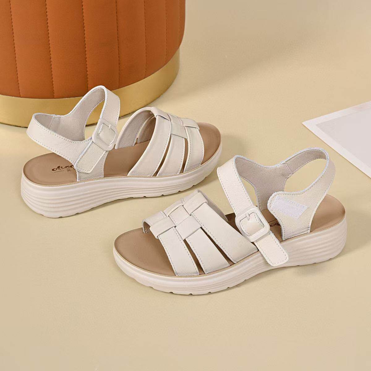 Sandal nữ hở mũi đế xuồng da thật gót thấp mềm phong cách cơ bản — màu đen chi tiết 8