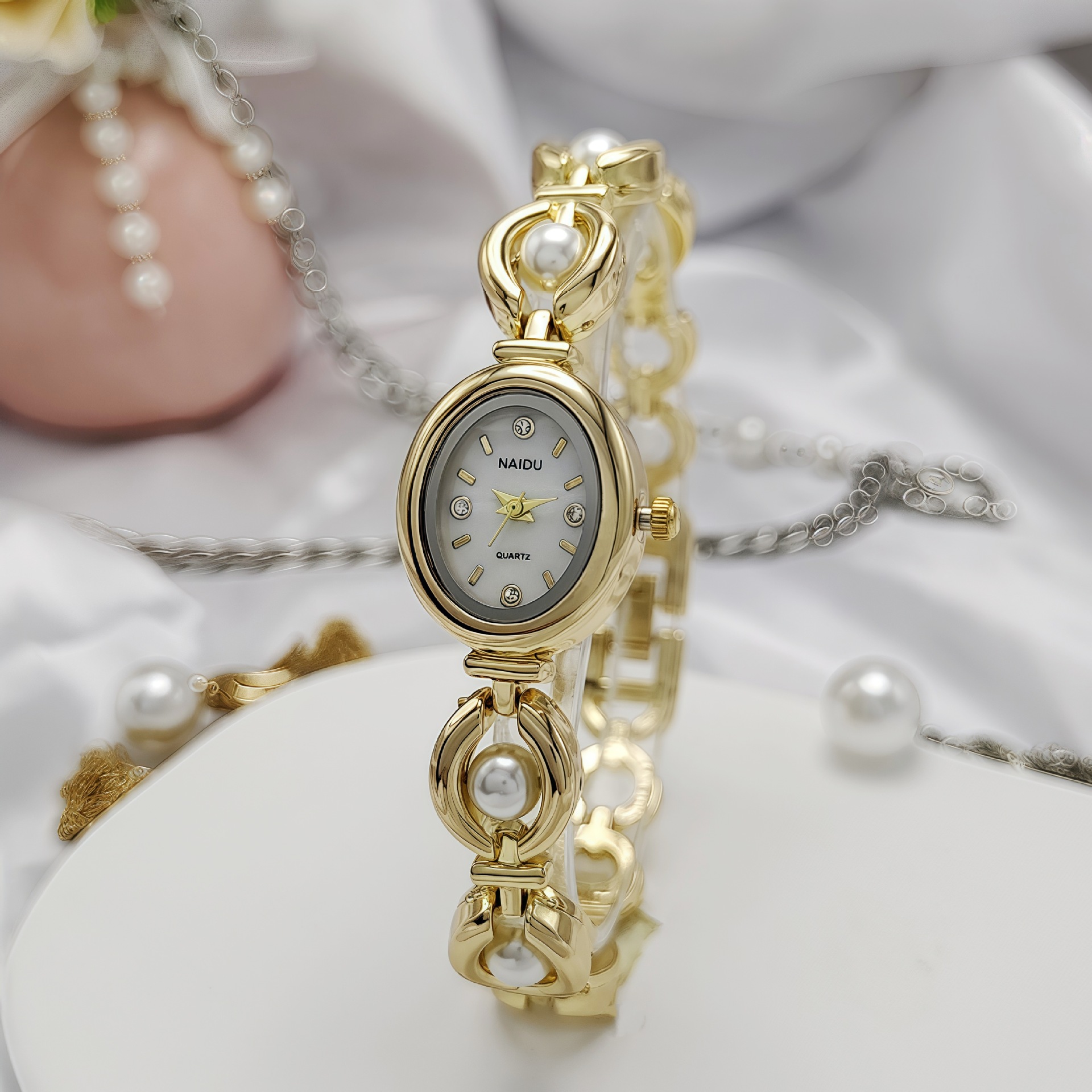 Cross-Border New Bracelet Watch for Women, Oval Steel Band, Second-Hand Light Luxury Imitation Pearl Watch, Temperament Manufacturer Direct Sales Foreign Trade