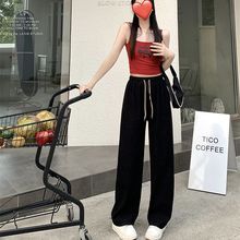 大码灯芯绒超细条绒阔腿裤女秋季双抽绳笑脸腰带休闲裤高腰直筒裤