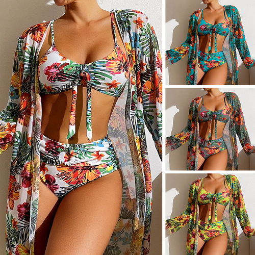 Longline tunic split three-piece printed sexy swimsuit women's bikini