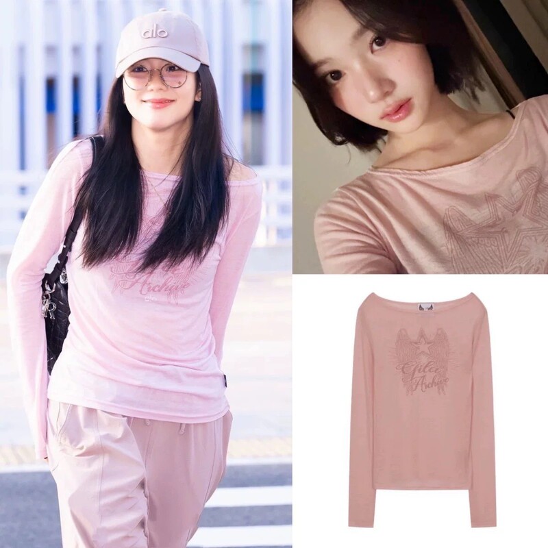 Korean Niche Brand Ac*Hive Jisoo's Same Style 26 Summer Silk Star Wing Print One-Shoulder Lightweight Long-Sleeve Blouse