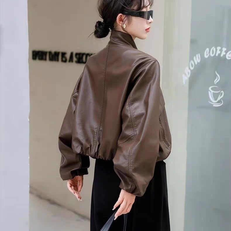 宽松版型休闲皮衣夹克外套女2025秋冬新款显瘦机车立领软皮上衣潮|undefined
