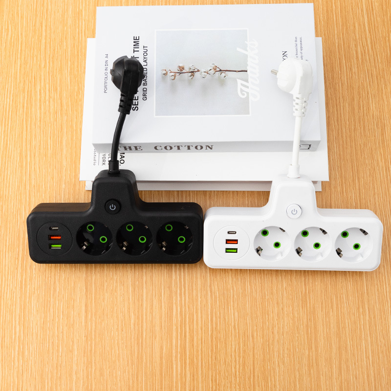 Q5206 # OEKON Caja estándar europea de conversión de paquete con cable corto 2USB + 1Type-C mezcla de color blanco y negro