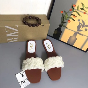 ZA2024 Summer New Women's Shoes White Pearl Woven Flat Sandals Women's Beach All-match Fashion Sandals for Women