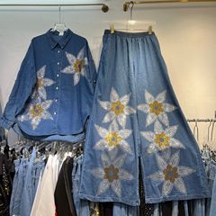 设计感长袖牛仔翻领衬衫女2025秋季新款重工金银烫钻花朵阔腿裤