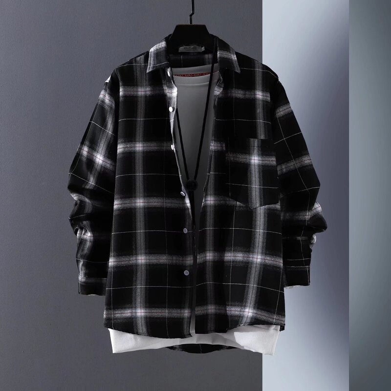 Plaid Long-Sleeved Shirt for Men Spring and Autumn 2022 Trendy Ins Casual Summer Thin Jacket Hong Kong Style Loose Shirt