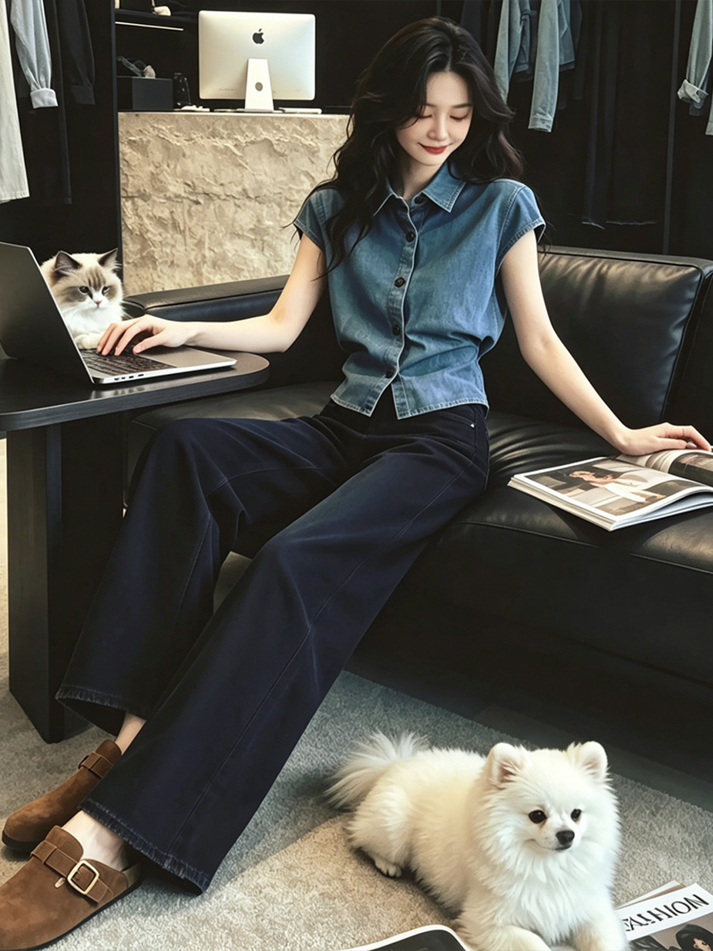 Áo sơ mi nữ cổ lật xanh denim tay bèo nhỏ eo thon — màu xanh nhạt