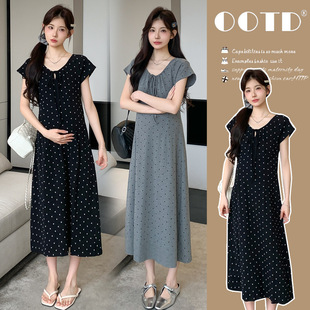 Ready Stock Real Shot~2025 Summer Simple Polka Dot Tether Classic Round Neck Slim Fit Maternity Short-Sleeved Lazy Dress