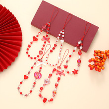 新款国潮红色爱心蝴蝶结手机链手机壳挂绳新年串珠手链小礼品