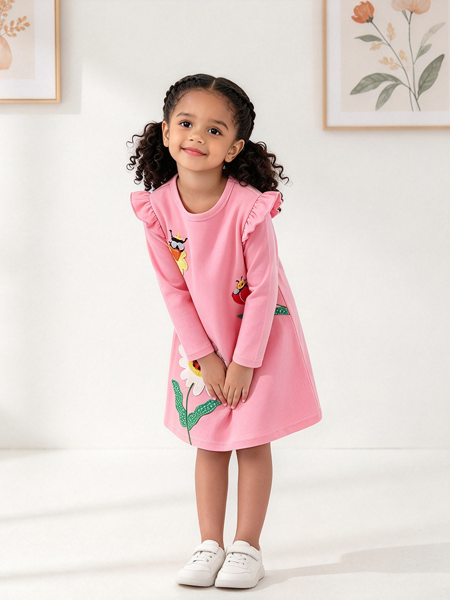 Vestido de Manga Larga con Mangas Volantes para Niña de Algodón Cuello Redondo para Otoño image 2